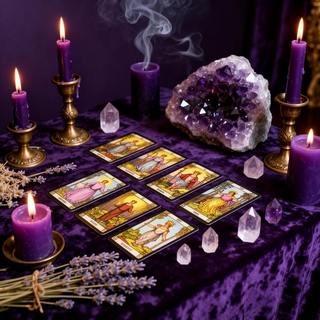 Mesa de leitura mística com cartas de tarô, velas roxas e ametista